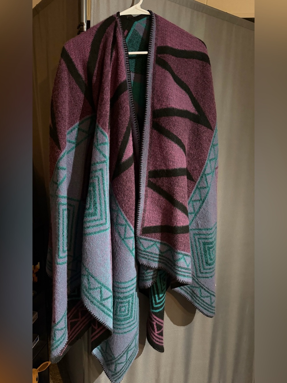 Geometric Knit Poncho Wrap in Purple and Teal